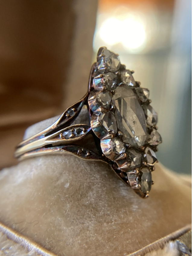 19th Century Austrian Rose Cut Diamond Navette Cluster Ring 18ct Yello Through The Louping Glass